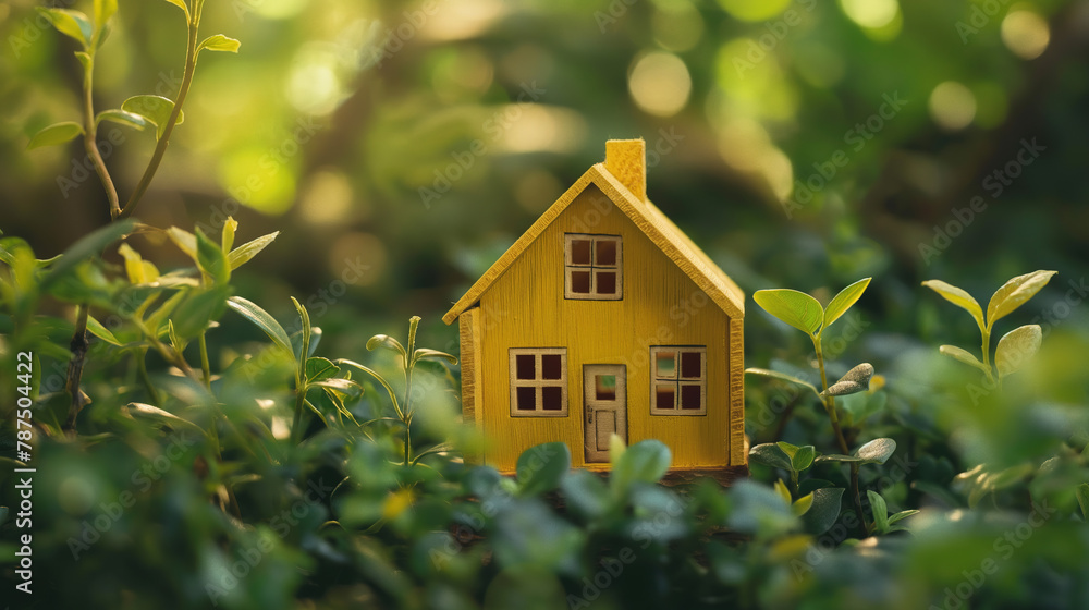 A yellow wooden house with three windows model placed in green plants, real estate concept, an atmosphere of tranquility and comfort A yellow wooden house with three windows model placed in green plants, real estate concept, an atmosphere of tranquility and comfort