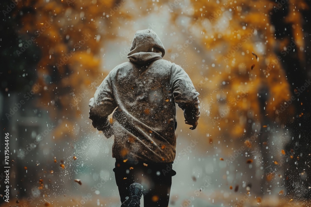 A lone individual in a hoodie takes a jog through a beautiful autumnal landscape, shrouded in a soft mist adding to the quiet solitude of the scene