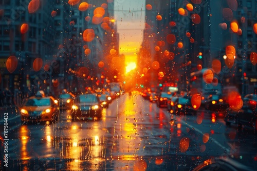 The warm glow of a sunset descends on an urban landscape  viewed through the rain-speckled window of a car