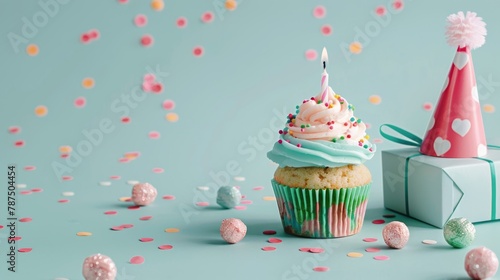 Cupcake With Pink Frosting Surrounded by Confetti