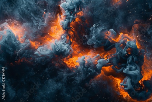 A chaotic dance of blue and orange smoke intertwining suggests a meeting of two contrasting forces in an artistic display