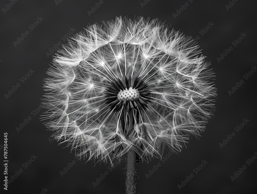 Fototapeta premium Minimalistic Fine Art Print Black and White Dandelion Nature Close Up Dandelion Fluff Flat Areas of Color Art Print Dandelion Seed Head Art Wall Decor