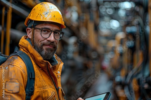 Focused employee in yellow helmet and orange jacket using a digital tablet in an industrial environment