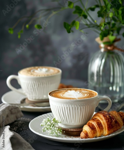 Two Cups of Coffee and a Croissant on a Plate