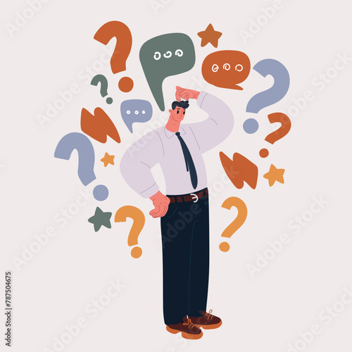 Cartoon vector illustration of Young man cartoon character Confused in Casual wear scratching his head. Unhappy man in puzzled expression