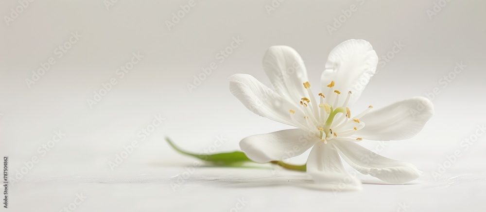A white jasmine flower stands alone against a white backdrop. A white jasmine flower stands alone against a white backdrop.