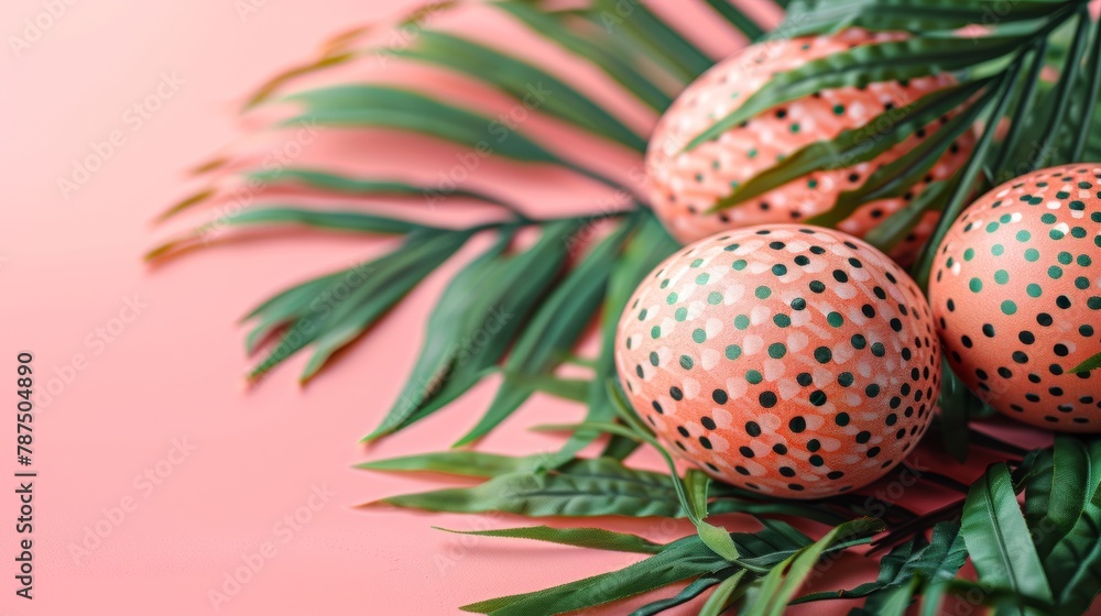 easter composition, three painted eggs on a palm leaf with green background, AI easter composition, three painted eggs on a palm leaf with green background, AI