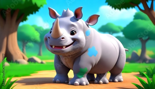 Happy Baby Rhino with Paint Splashes in Lush Landscape