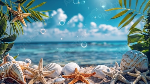 Sea Shells and Starfish on a Sandy Beach