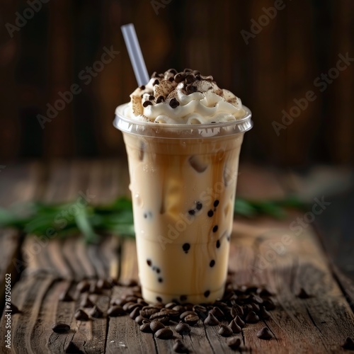 A Cup of Iced Coffee With Chocolate Chips on a Wooden Table