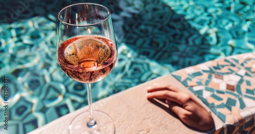 Person Holding a Glass of Wine by the Swimming Pool