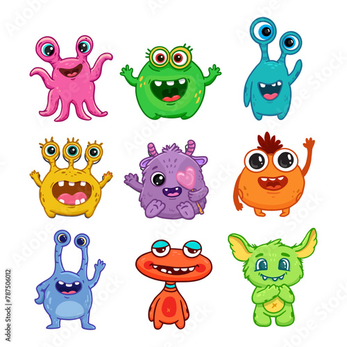 set of cartoon monsters. Cute monsters in doodle style. Kids funny character design for posters, cards, magazins. Line. Flat. Vector
