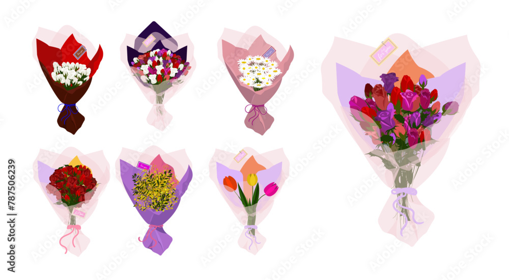 Set of multi-colored beautiful different bouquets. Flowers for birthday invitations,  Women`s Day, Mother`s Day, wedding cards, Valentine`s Day. Floral design vector illustration