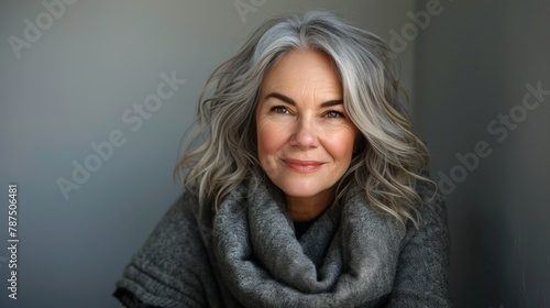 White 55 years old woman, he is speaking, talking to camera, he's sitting on a stool, studio grey bluish background, mood is serious
