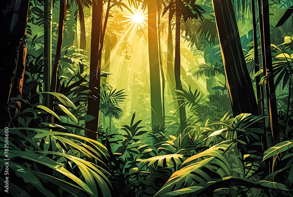 A Sunlight streaming through dense jungle foliage vector art illustration image.
