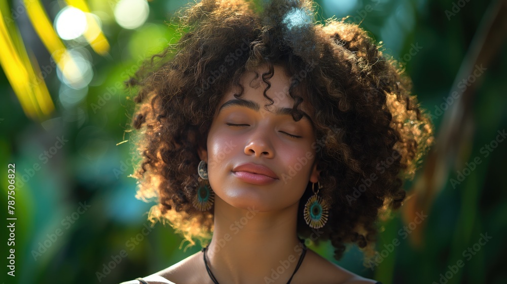 A dark-skinned girl with curly hair, surrounded by greenery, with her eyes closed. A dark-skinned girl with curly hair, surrounded by greenery, with her eyes closed.