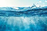 Transparent blue clear water surface texture with ripples, splashes and bubbles. Abstract summer banner background
