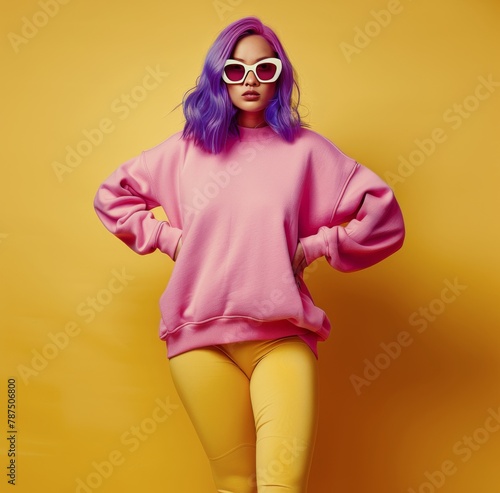 Woman With Purple Hair in Pink Sweater and Yellow Tights