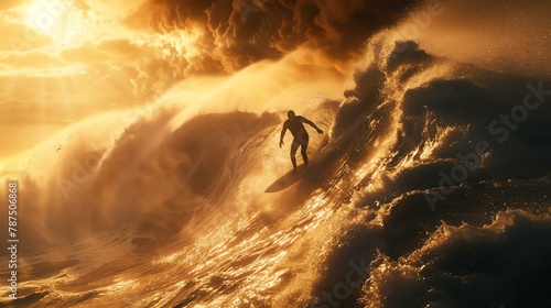 Surfer rides a big wave. The sun is setting behind him. The sky is orange and the water is blue. The surfer is in silhouette.
