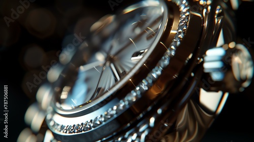 Close-up of a luxury wristwatch with diamonds on the bezel. The watch is made of gold and has a mother-of-pearl dial.