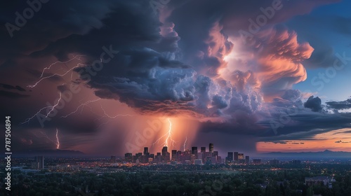 A dramatic cityscape of a thunderstorm over a major city. The dark clouds and bright lightning bolts create a sense of danger and excitement.