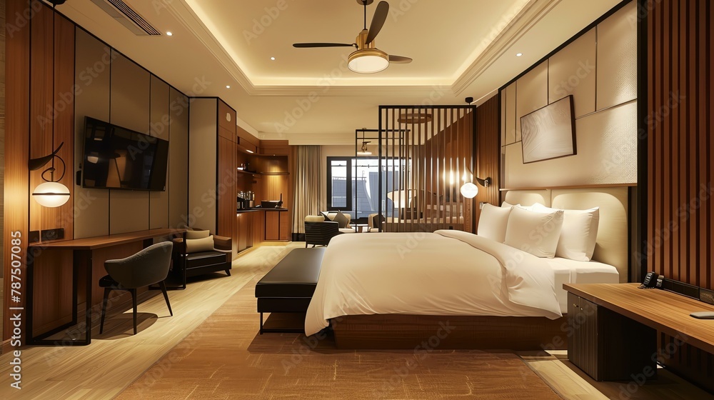 The hotel room is decorated in a modern style with wood paneling and light colors.