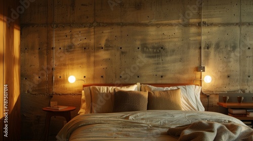As the sun sets the warm glowing lights and the flicker of a few candles create a romantic and intimate ambiance in the bedroom oasis. The raw concrete wall takes on a softer appearance .