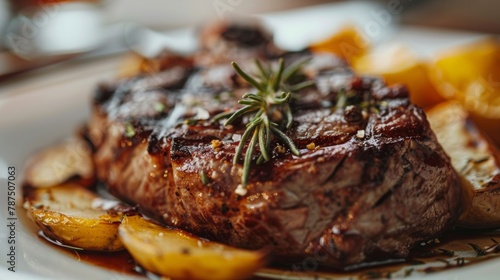 A close up of a steak with potatoes and rosemary on the plate, AI