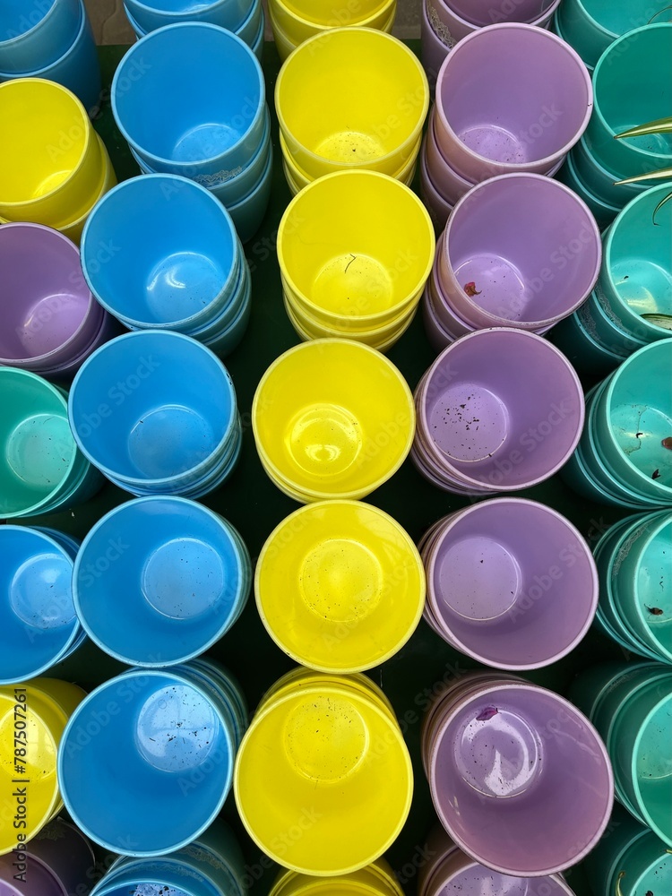 Colorful flower pots in the store