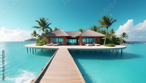  Tropical minimalistic mockup. Luxury panoramic view at exotic resort on turquoise seascape background. villas on beautiful beach on the ocean © Zulfi_Art