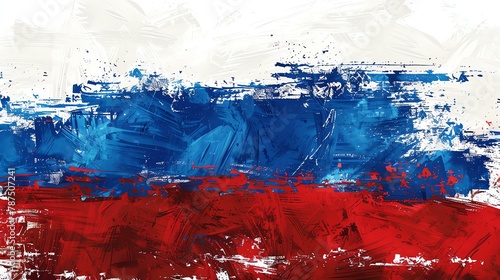 The image is a grunge textured Russian flag. The colors are red, blue, and white.