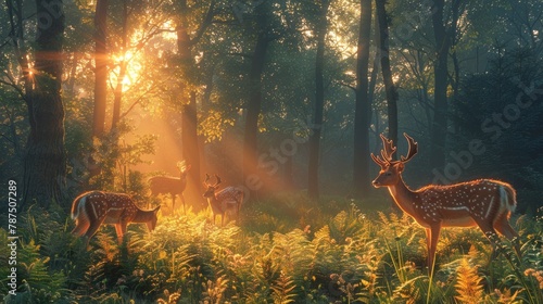 A secluded forest clearing is bathed in the soft light of dawn, casting a warm glow over the fern-covered ground. A family of deer grazes peacefully among the trees, their delicate forms illuminated b © rao zabi