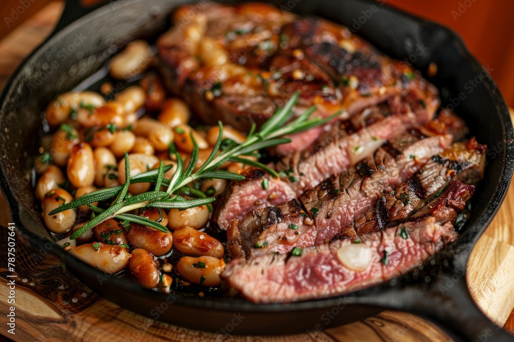 Perfectly Cooked Ribeye with Rosemary and Beans in Skillet