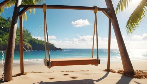  Close-up of swing on exotic tropical beach with view on ocean and coastline. Vacation concept, Sunny natural background © Zulfi_Art