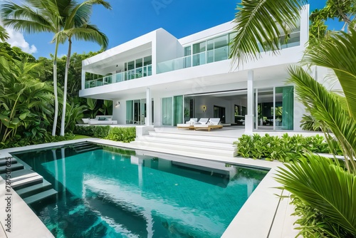 Tropical Oasis. Serene poolside view at a luxurious villa, framed by lush green palms and a contemporary white staircase.
