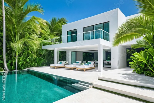 Tropical Oasis. Serene poolside view at a luxurious villa, framed by lush green palms and a contemporary white staircase. © Anna