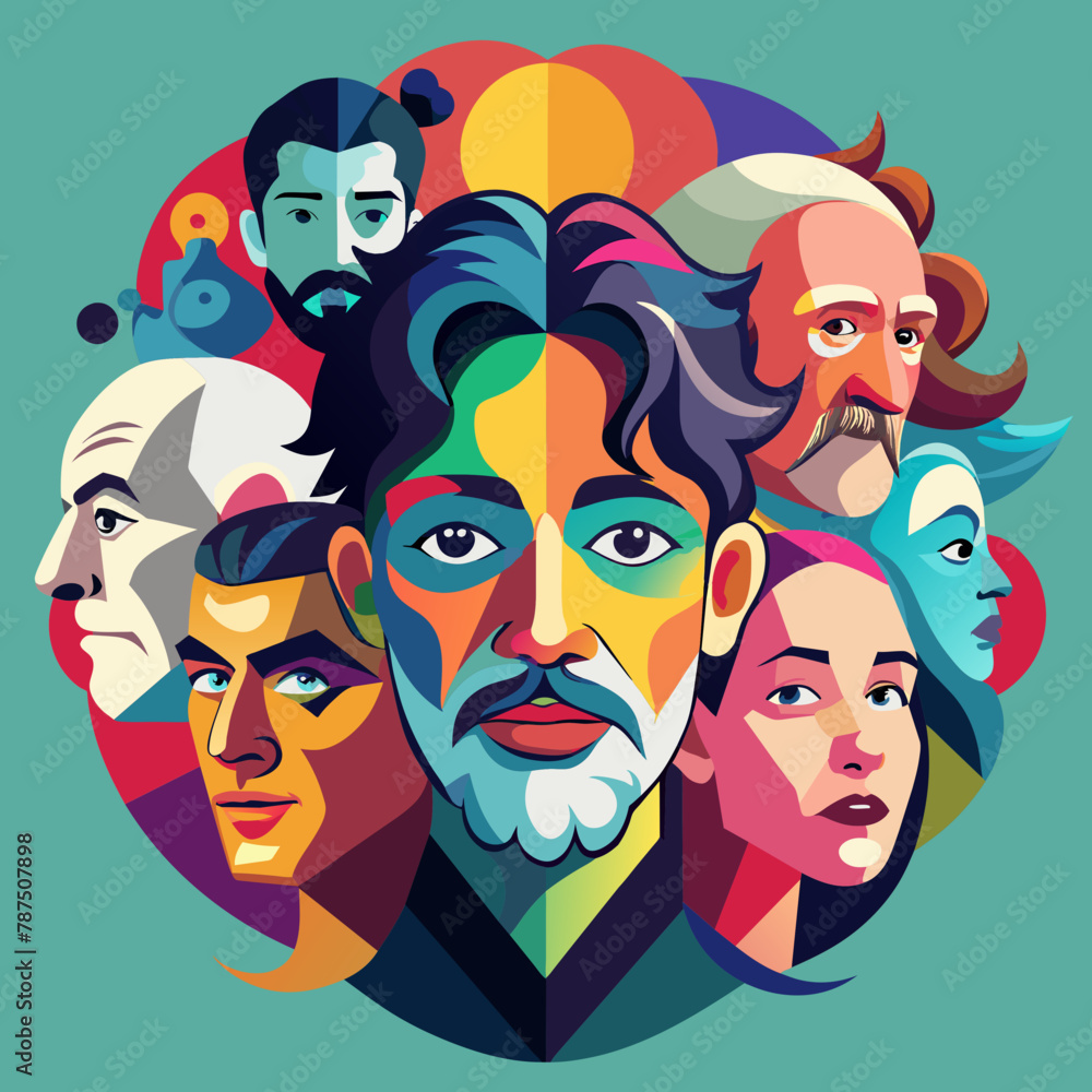Collage of diverse, stylized faces in a vibrant, abstract art style, vector illustration. Multicultural and community concept for social awareness campaigns, educational content, and poster design.