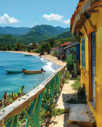Colorful Beach Scene in Grenada, North America: Picturesque Homes and Boats in an Artistic Style