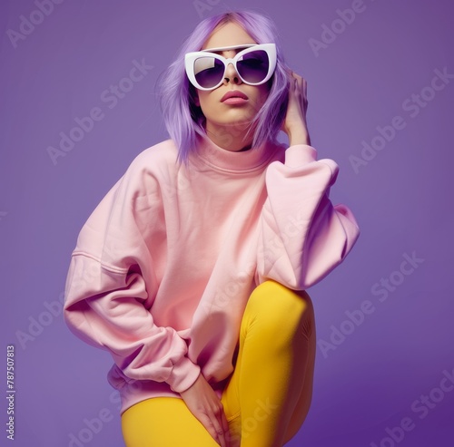 Woman With Purple Hair in Pink Sweater and Yellow Tights