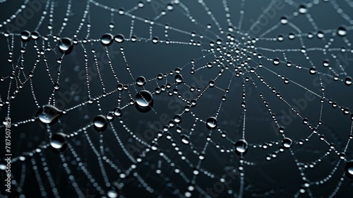 A close-up of a spider web with water droplets on it. The web is glistening in the sunlight and the water droplets are reflecting the light.