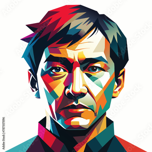 Geometric vector portrait of Asian man in colorful low poly style. Ideal for modern art prints and creative media.