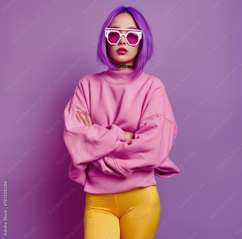 Woman With Purple Hair in Purple Top and Yellow Tights Woman With Purple Hair in Purple Top and Yellow Tights