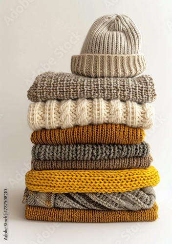 Stack of Knitted Sweaters and Hats