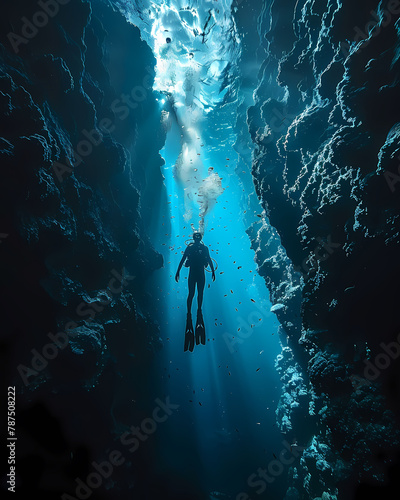 Extreme Sport Artistic Dive in an Underwater Cave Painting