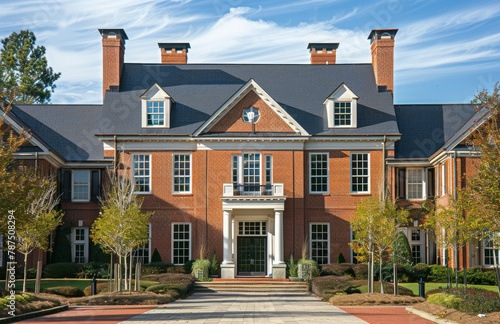 Large Red Brick House With Black Roof