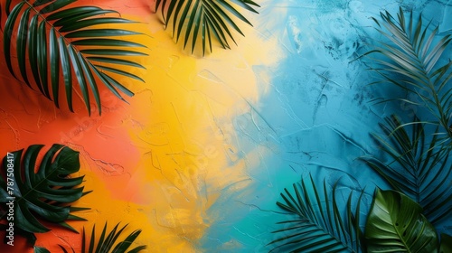 Palm Leaves on Blue and Yellow Background