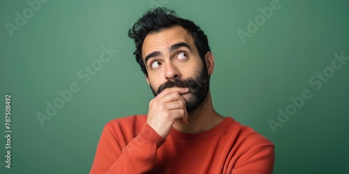 Middle Eastern man in contemplation, hand on chin, eyebrows raised in a curious expression, against a rich green background.