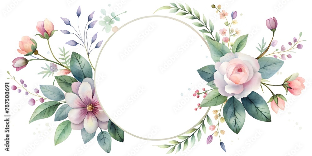 Fototapeta premium circle empty frame with flowers around. mockup