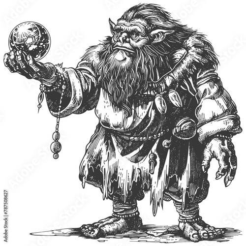 ogre mage or necromancer with magical orb images using Old engraving style