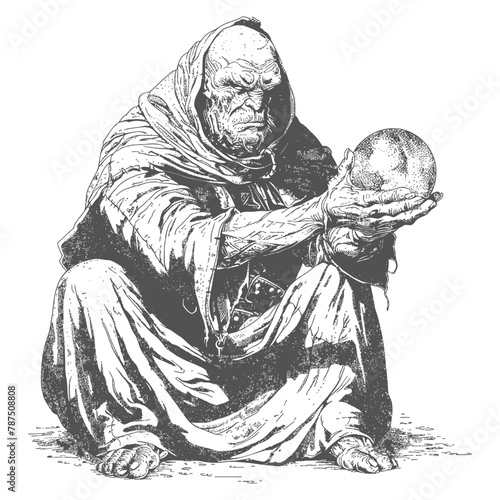 ogre mage or necromancer with magical orb images using Old engraving style